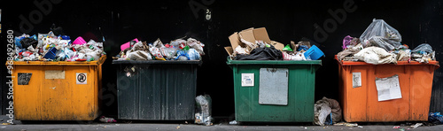  Four Different Trash Cans Filled with Garbage Against a Black Background - High-Resolution Image Showing Various Types of Waste and Refuse for Recycling and Waste Management Concepts