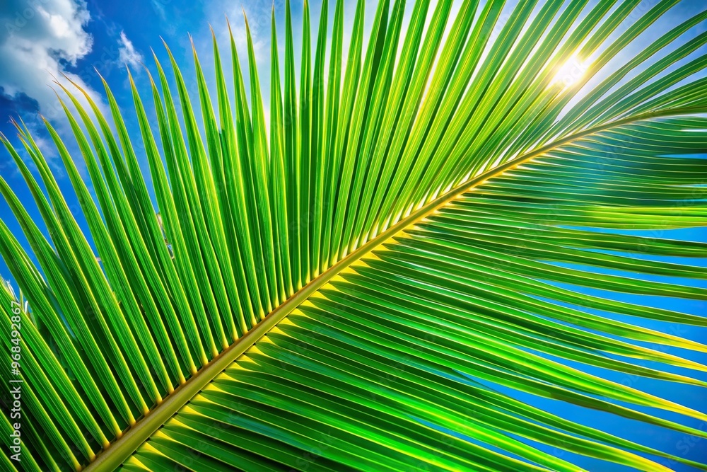 Fototapeta premium natural, vibrant, outdoor, exotic, holiday, A close up view of a tropical coconut leaf with its vibrant green color against a bright blue sky captured from a worm s eye perspective