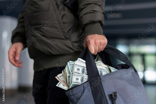 Close-up of a person holding a bag stuffed with U.S. dollar bills, evoking themes of theft, robbery, or illegal activity. photo