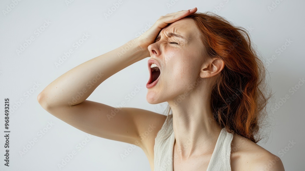 Woman yawning with her hand on her forehead, slightly bent forward, pure white background, tiredness and frustration, soft lighting, everyday exhaustion Woman yawning with her hand on her forehead, slightly bent forward, pure white background, tiredness and frustration, soft lighting, everyday exhaustion