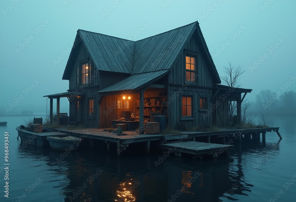 Fototapeta premium Foggy River: Lonely House with Warm Lights