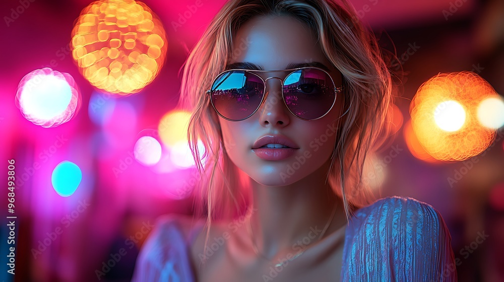 A young woman with blonde hair and sunglasses looks directly at the camera in a dimly lit setting. Her face is illuminated by pink and blue lights, with a backdrop of blurred orange lights. A young woman with blonde hair and sunglasses looks directly at the camera in a dimly lit setting. Her face is illuminated by pink and blue lights, with a backdrop of blurred orange lights.
