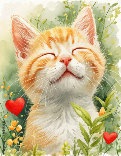 Adorable Orange and White Cat with Closed Eyes and Smiling Expression, Surrounded by Blossoms and Heart Symbols