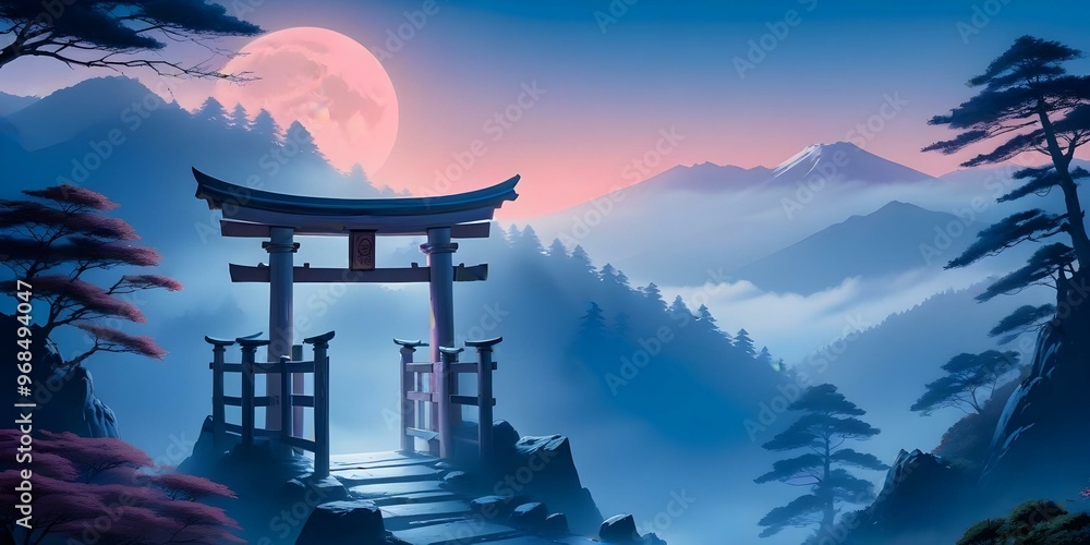 Fototapeta premium A Japanese Shinto shrine gate (torii) in a misty, mountainous landscape at sunset. The sky is filled with vibrant pink and blue clouds, and a large full moon is visible. The scene has a mystical, drea