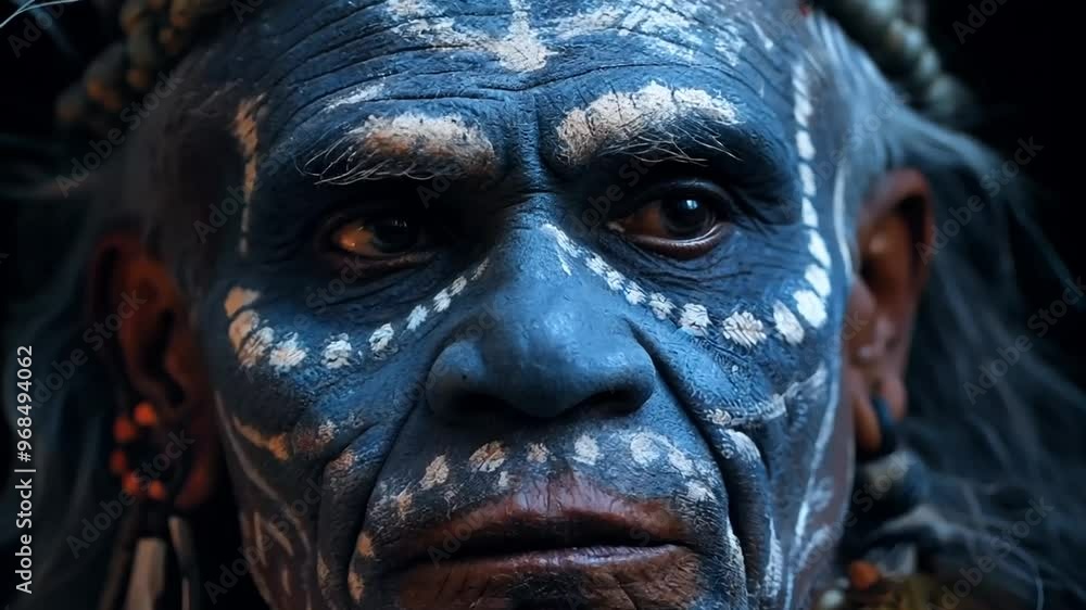 Portrait of an elderly man with traditional face paint and beads in tribal attire Portrait of an elderly man with traditional face paint and beads in tribal attire