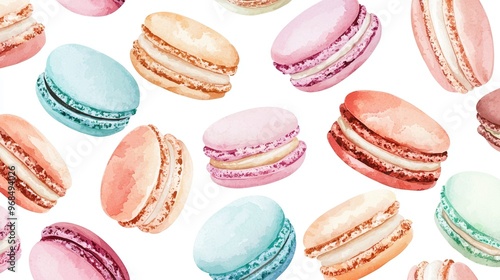 Colorful macarons in various pastel shades, perfect for dessert lovers and bakery designs. A delightful treat for the eyes. photo