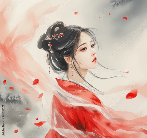 Asian Woman in Traditional Costume with Flowing Hair and Red Flower Decoration