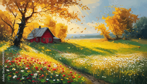 Autumnal Countryside Scene with Red Barn and Yellow Flowers