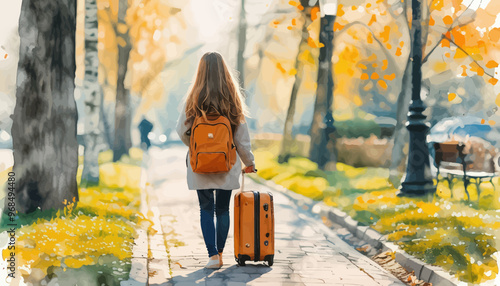 Autumnal Park Stroll with Orange Backpack