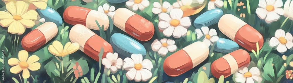 Colorful capsules resting on a bed of vibrant flowers, showcasing a blend of nature and medicine in a serene, artistic setting. Colorful capsules resting on a bed of vibrant flowers, showcasing a blend of nature and medicine in a serene, artistic setting.