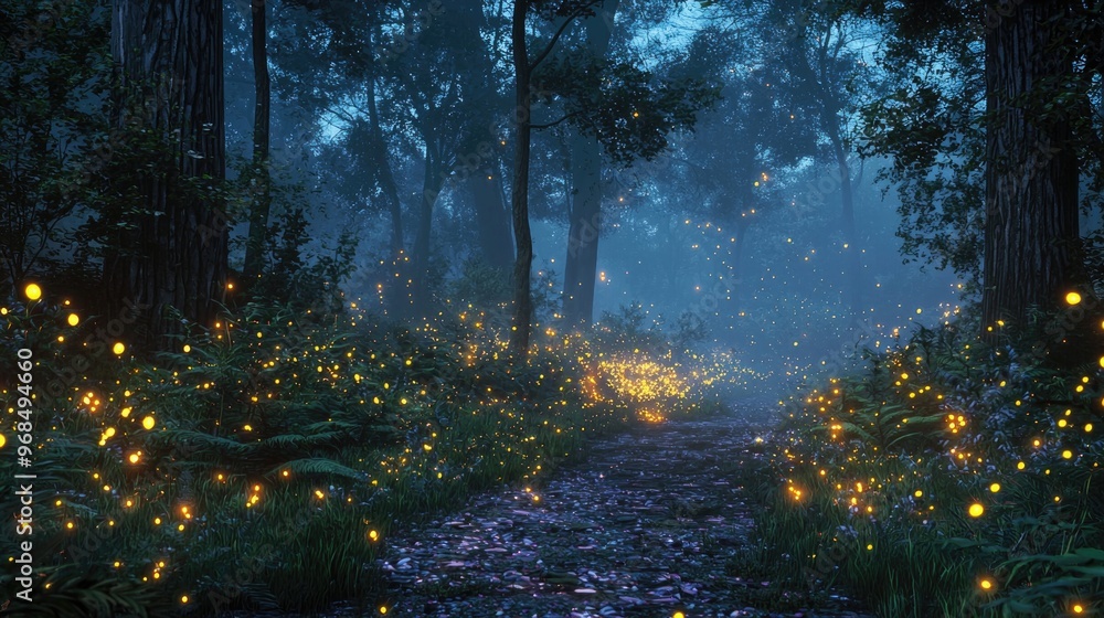 Obraz premium Glowing bioluminescent fireflies in twilight forest