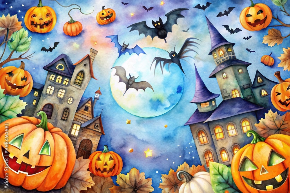 Watercolor Halloween decoration with a high angle view featuring spooky ...