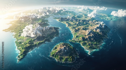 Aerial View of a Mountainous Island Chain with Lush Vegetation and White Clouds