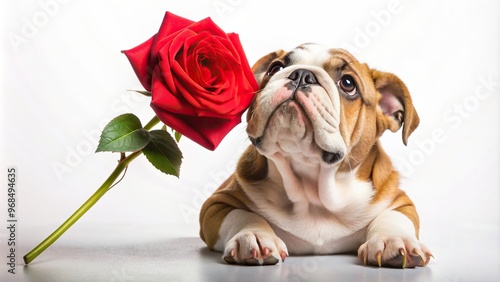 An adorable English bulldog puppy wearing a red Valentine s Day ribbon looking up at a single red rose blooming above taken from a worm s eye view, dog, close-up., adorable, single photo