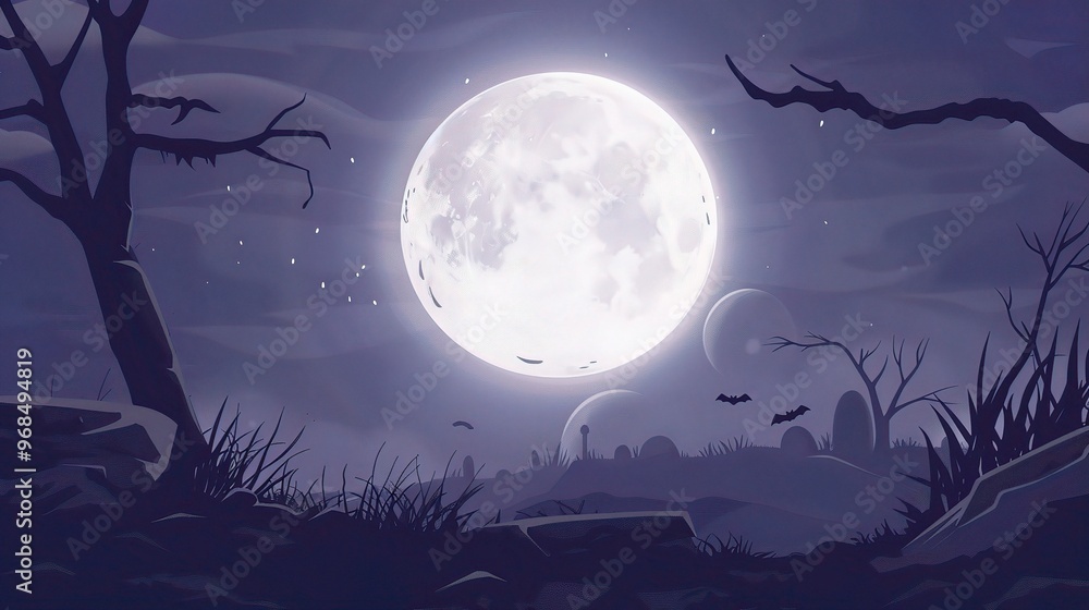 A spooky Halloween cartoon background with a prominent moon. The moon is shining brightly in the night sky, casting an eerie glow A spooky Halloween cartoon background with a prominent moon. The moon is shining brightly in the night sky, casting an eerie glow