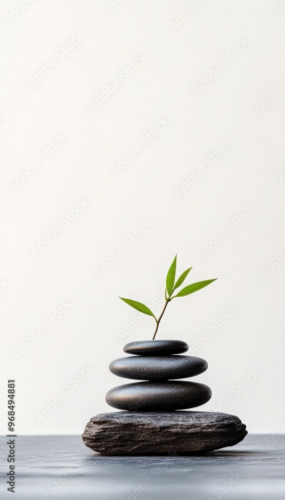 Minimalist scene of stacked stones with a single green leaf, symbolizing balance, tranquility, and nature's beauty. Minimalist scene of stacked stones with a single green leaf, symbolizing balance, tranquility, and nature's beauty.