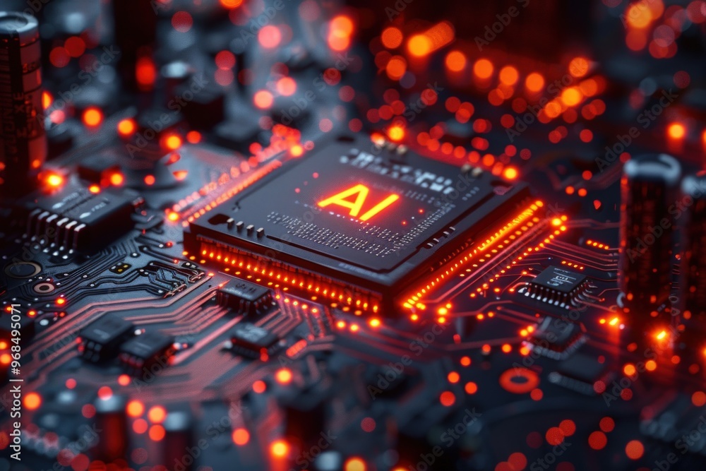 AI processor chip with glowing red lights on a circuit board. AI processor chip with glowing red lights on a circuit board.