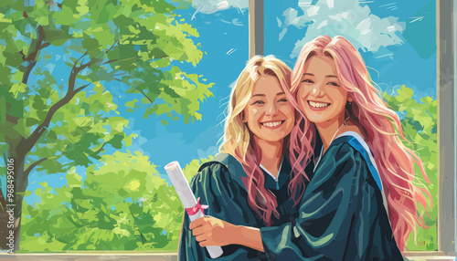 Celebratory Moment: Two Graduates Embracing Each Other Outdoors