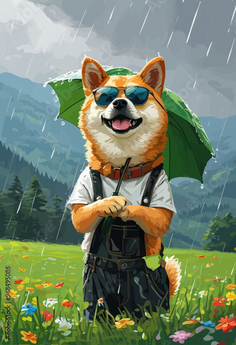 Cheerful Fox in Rainy Field with Umbrella and Overalls