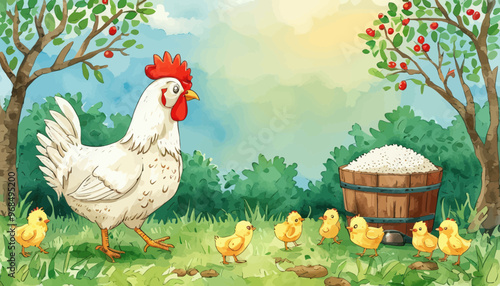 Chicken Family: Mother Hen and Chicks in a Pastoral Setting