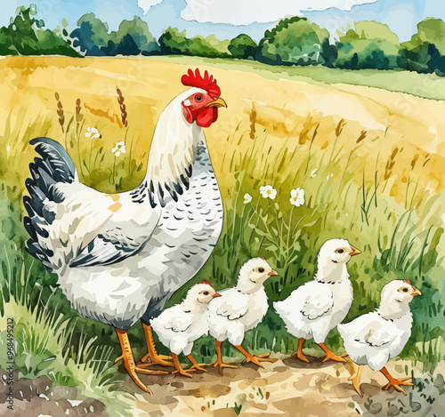Chicken Family: Mother Hen and Chicks in a Pastoral Field