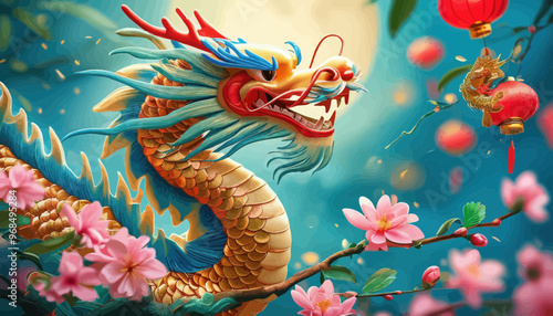 Chinese Dragon with Pink Flowers and Red Lanterns
