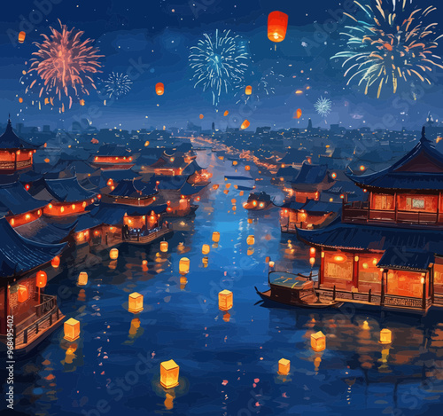 Chinese Lantern Festival: Illuminated River and Skyline