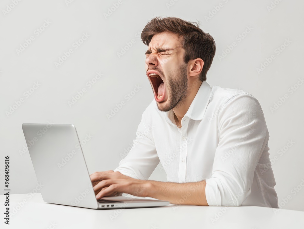 Office worker yawning while typing on a laptop, pure white background, multitasking exhaustion, corporate fatigue, remote work scene, focus on gesture Office worker yawning while typing on a laptop, pure white background, multitasking exhaustion, corporate fatigue, remote work scene, focus on gesture