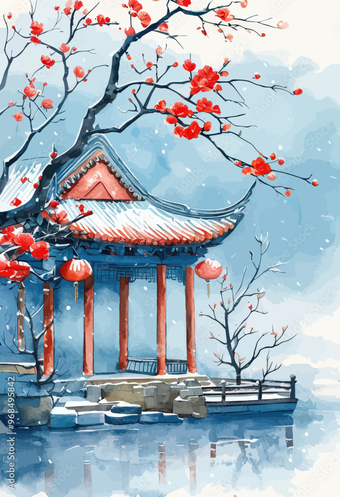 custom made wallpaper toronto digitalChinese Temple with Cherry Blossoms and Snowy Roof