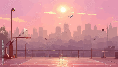 Cityscape at Sunset with Airplane and Basketball Court