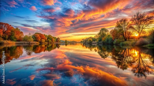 Watercolored sunset autumnal riverscape with symmetry reflection, riverscape, landscape, leaves, peaceful, tranquil, colorful, red, foliage, artistic, yellow, trees, picturesque, calming photo