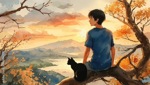 Contemplative Moment: A Boy and His Cat on a Tree Branch