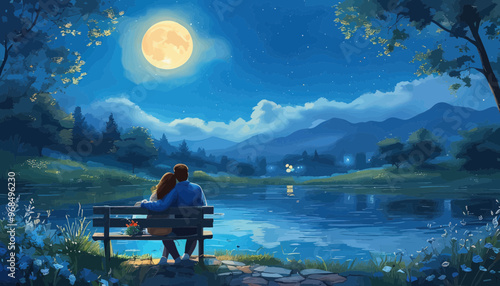 Couple Embracing Under the Moonlit Sky