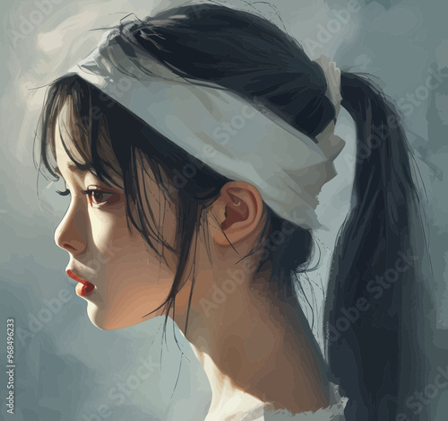 Contemplative Woman with White Headband and Ponytail, Portrait Style