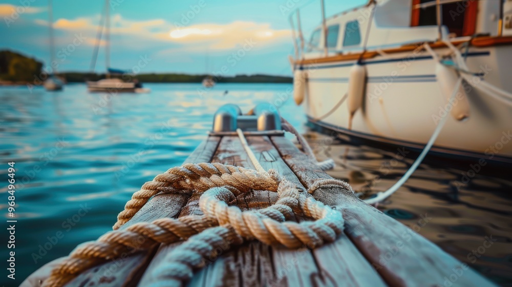 Obraz premium Serene Dock with Coiled Rope at Sunset
