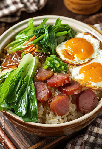 Delicious Asian-style breakfast with eggs, sausage, and greens