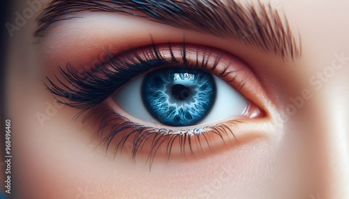 Close-up photo of a human eye with blue iris on a light background, reflecting a concept of beauty and detail.