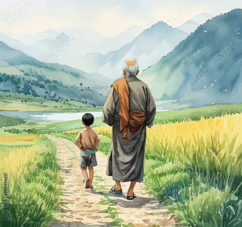 Elderly man and child walking on a path in a mountainous landscape