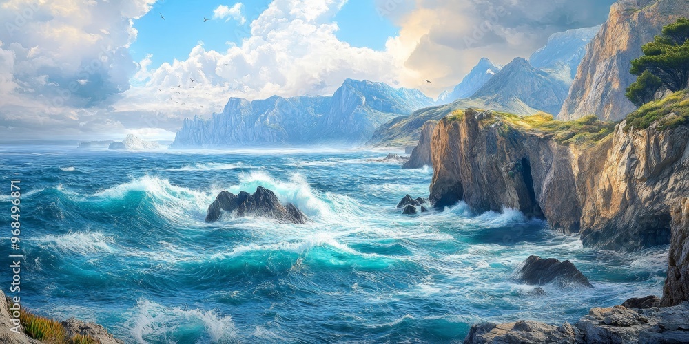 Majestic coastal cliffs rise from the ocean, with mountain landscapes in the distance, waves crashing against the rugged rocks Majestic coastal cliffs rise from the ocean, with mountain landscapes in the distance, waves crashing against the rugged rocks