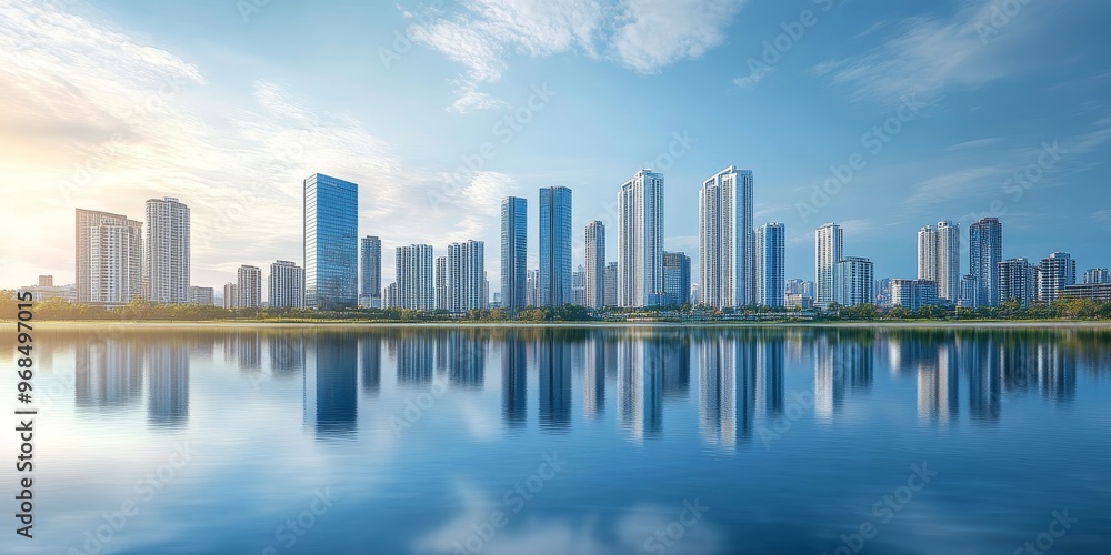 Obraz premium The reflection of a city skyline in a serene lake, where the modern buildings meet the calm water, creating a striking contrast