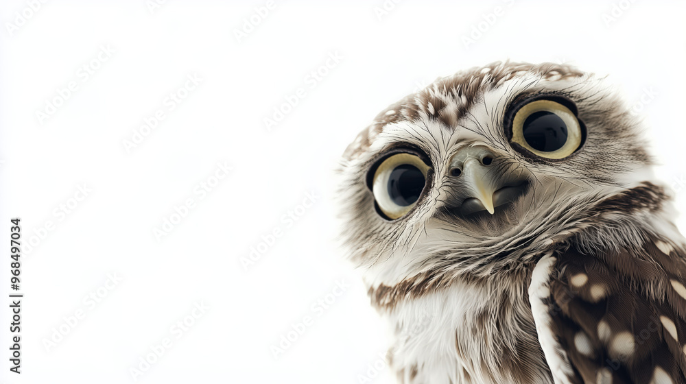 Fototapeta premium A high-quality image of a surprised owl with big, expressive eyes, isolated on a white background. Perfect for wildlife, nature, and expressive animal concepts