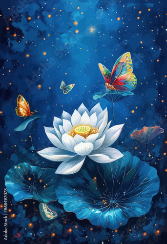 Fantastical Flower Garden: A Dreamlike Night Sky with Butterflies and Lotus Flowers