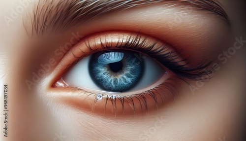 Close-up photo of a human eye with blue iris on a light background, reflecting a concept of beauty and detail.