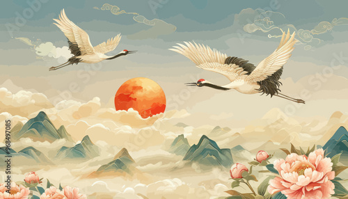 Fantastical Birds Soaring Over a Cloudy Mountainous Landscape with Pink Flowers