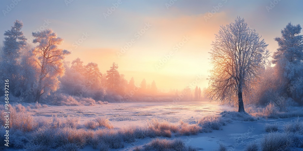 A frosty landscape at sunrise, where the first light of day casts a warm glow over the frozen ground and icy trees A frosty landscape at sunrise, where the first light of day casts a warm glow over the frozen ground and icy trees