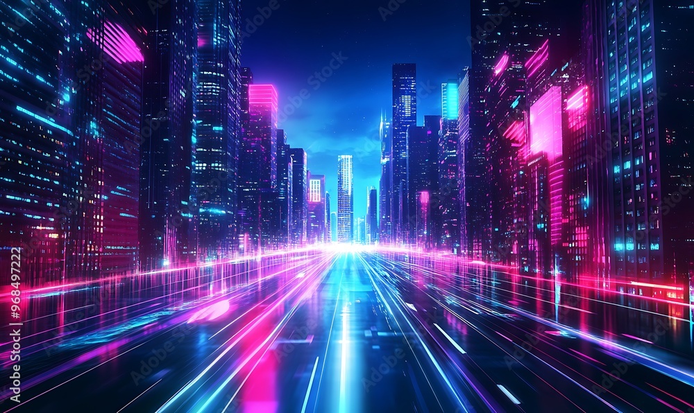 Neon Nightscapes: Futuristic Cyberpunk Metropolis Illuminated with Vibrant Lights and Towering Buildings Neon Nightscapes: Futuristic Cyberpunk Metropolis Illuminated with Vibrant Lights and Towering Buildings