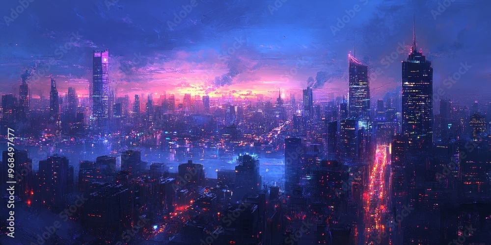 The city glows under twilight, where the deep blue and purple hues of the sky meet the bright city lights as day transitions to night The city glows under twilight, where the deep blue and purple hues of the sky meet the bright city lights as day transitions to night