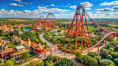 A thrilling view of the Red Force attraction at Portaventura World from a high angle showcasing the towering roller coaster and the excitement it offers to adrenaline seekers, sky photo