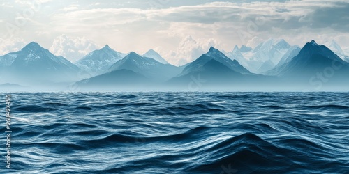 an ocean view with distant mountain landscapes, the horizon blending sea and rugged terrain