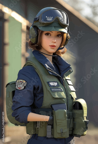 Female Soldier in Camouflage Uniform with Helmet and Headphones